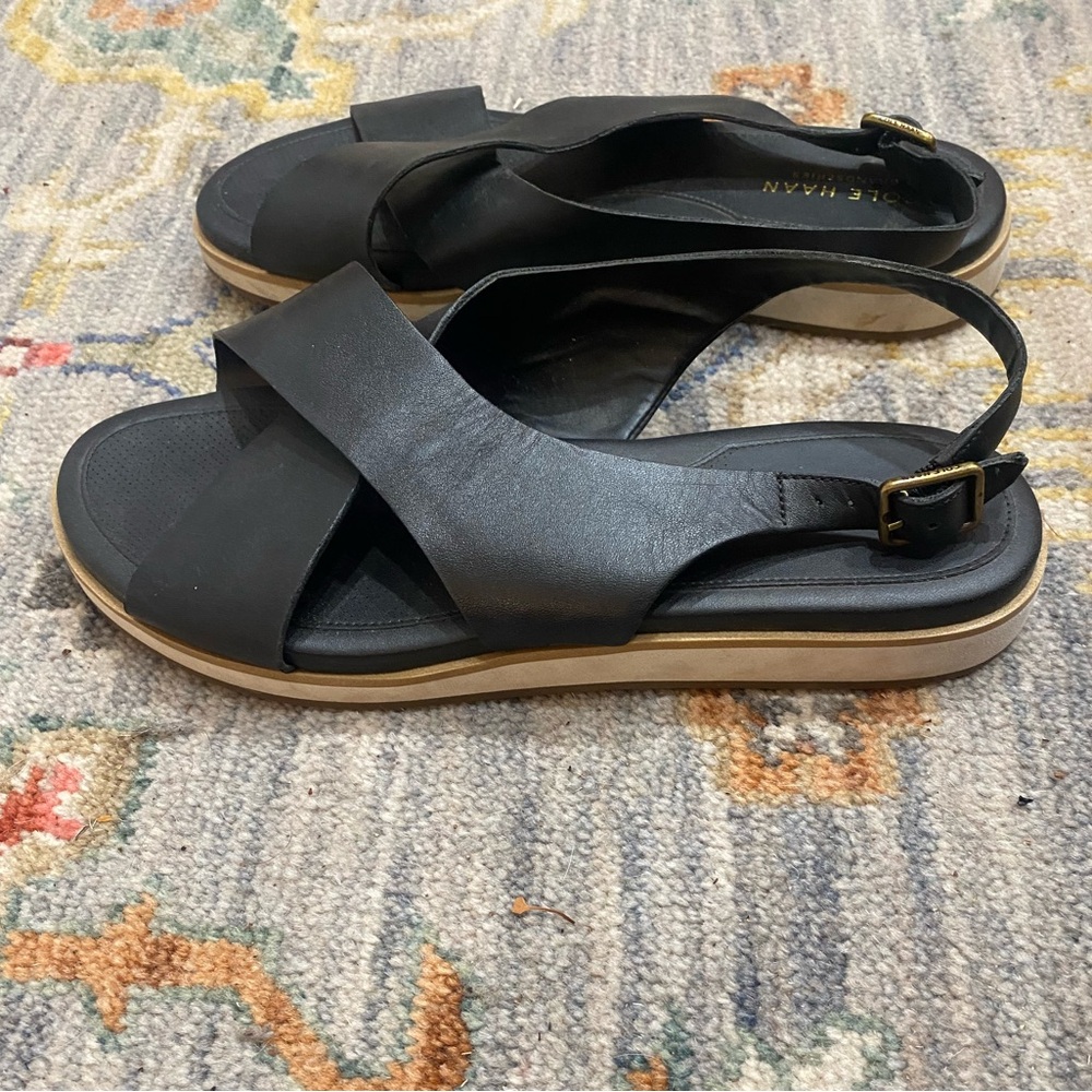 Cole Haan Black Leather Sandals with Gold Buckle, White Soles